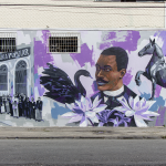 O painel completo em homenagem ao poeta Cruz e Sousa. A arte urbana é parte do projeto de grafite Negro Muro. Foto: Hugo Leo Lourenço/Divulgação