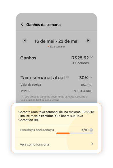 Tela do app da 99, Taxa Garantida